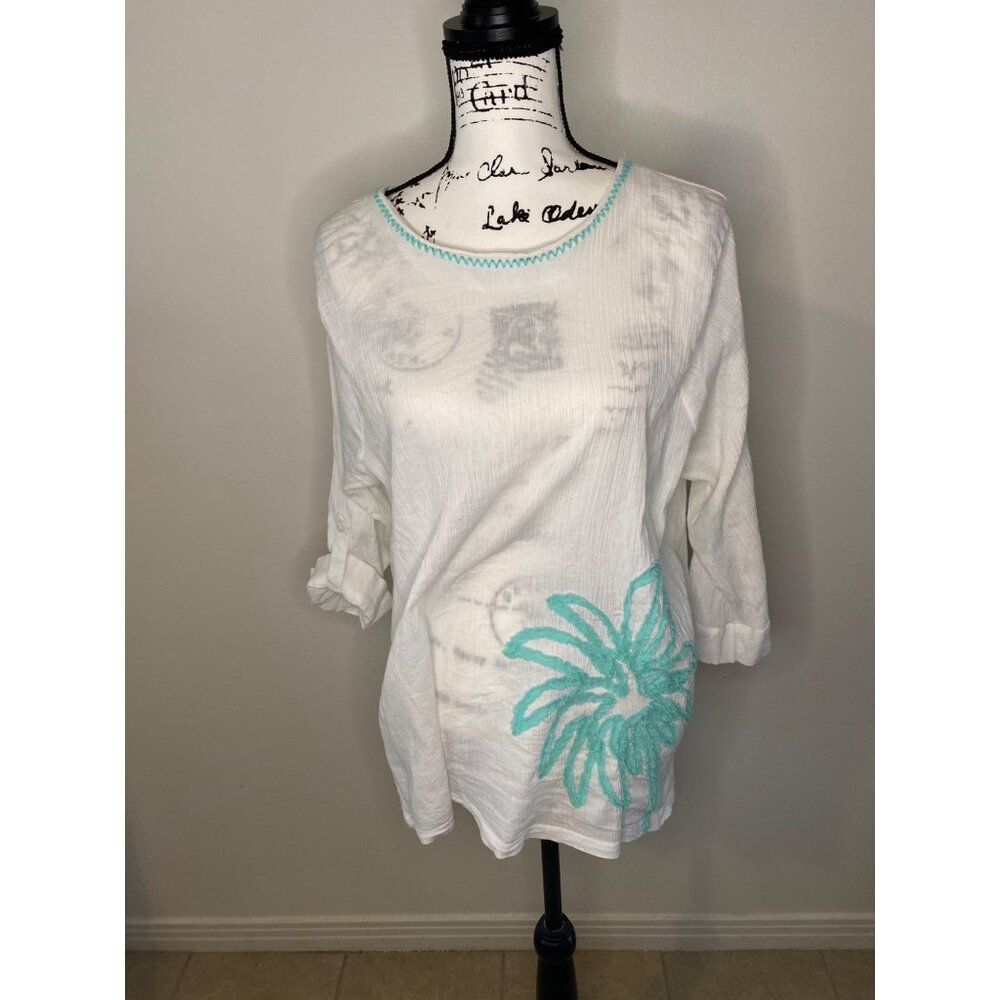 Sun Bay Cotton Top White Crinkle 3/4 Sleeve Tunic Chenille Palm Size P XL - Picture 2 of 12